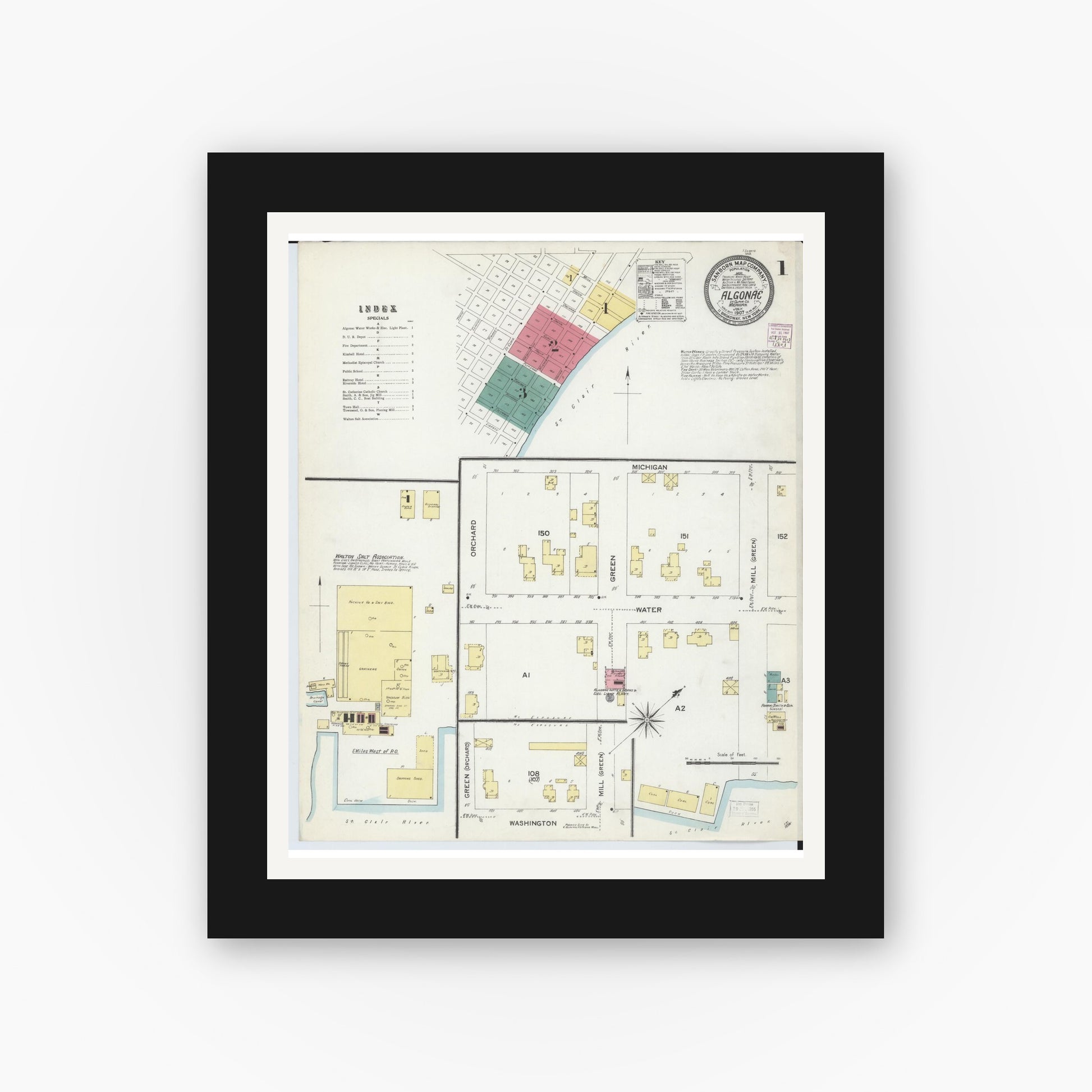 Old map wall art mockup — black gallery frame with white mat — Sanborn Fire Insurance Map from Algonac, Saint Clair County, Michigan (1907), Sheet #0001