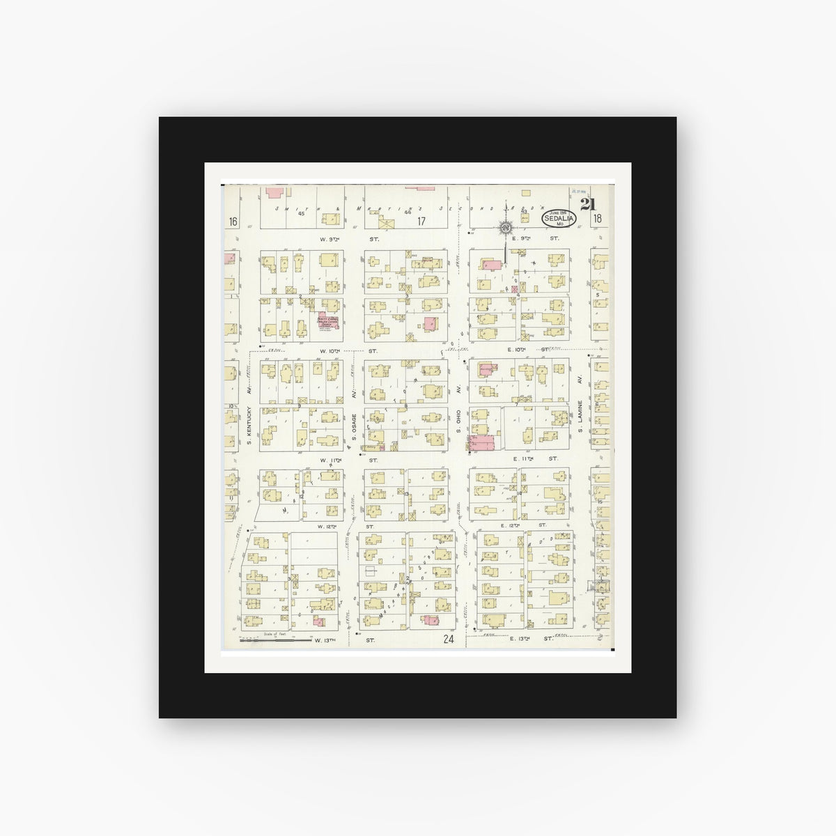 Old map wall art mockup — black gallery frame with white mat — Sanborn Fire Insurance Map from Sedalia, Pettis County, Missouri (1914), Sheet #0021