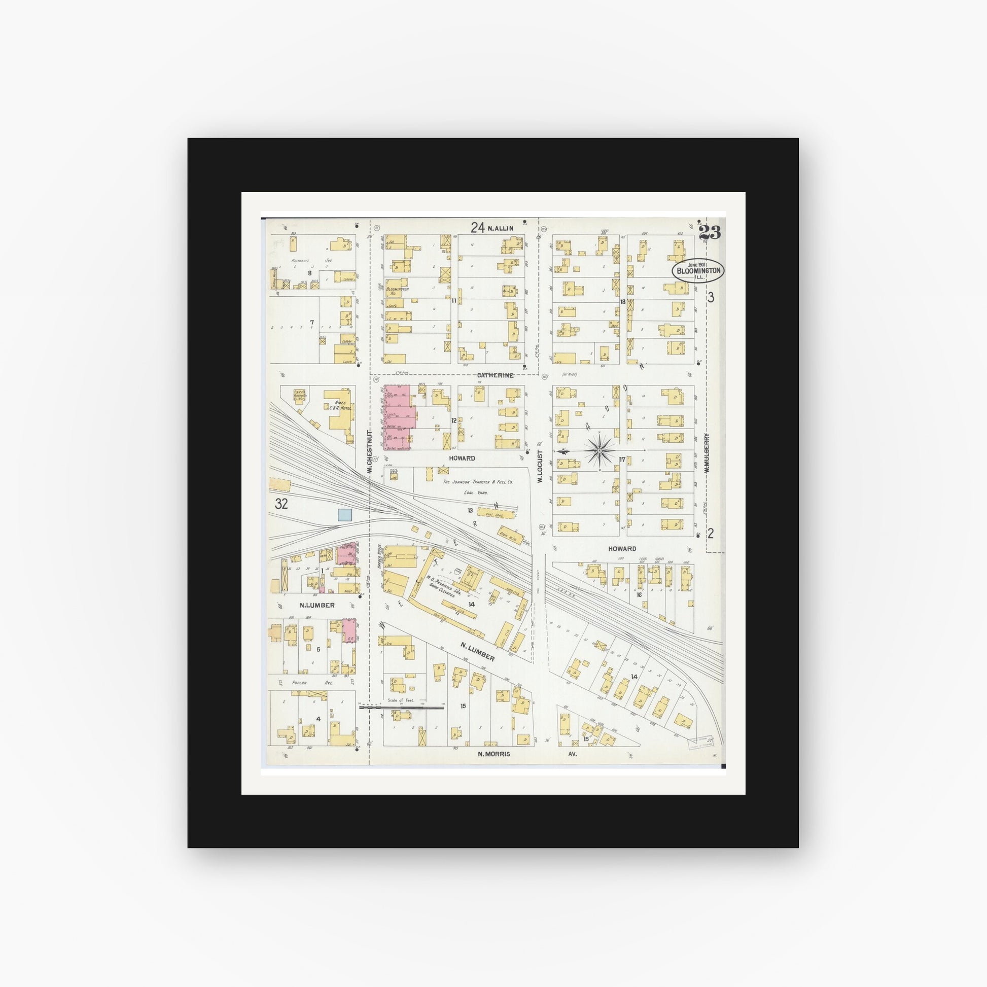 Old map wall art mockup — black gallery frame with white mat — Sanborn Fire Insurance Map from Bloomington, McLean County, Illinois (1901), Sheet #0023