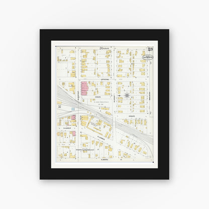 Old map wall art mockup — black gallery frame with white mat — Sanborn Fire Insurance Map from Bloomington, McLean County, Illinois (1901), Sheet #0023