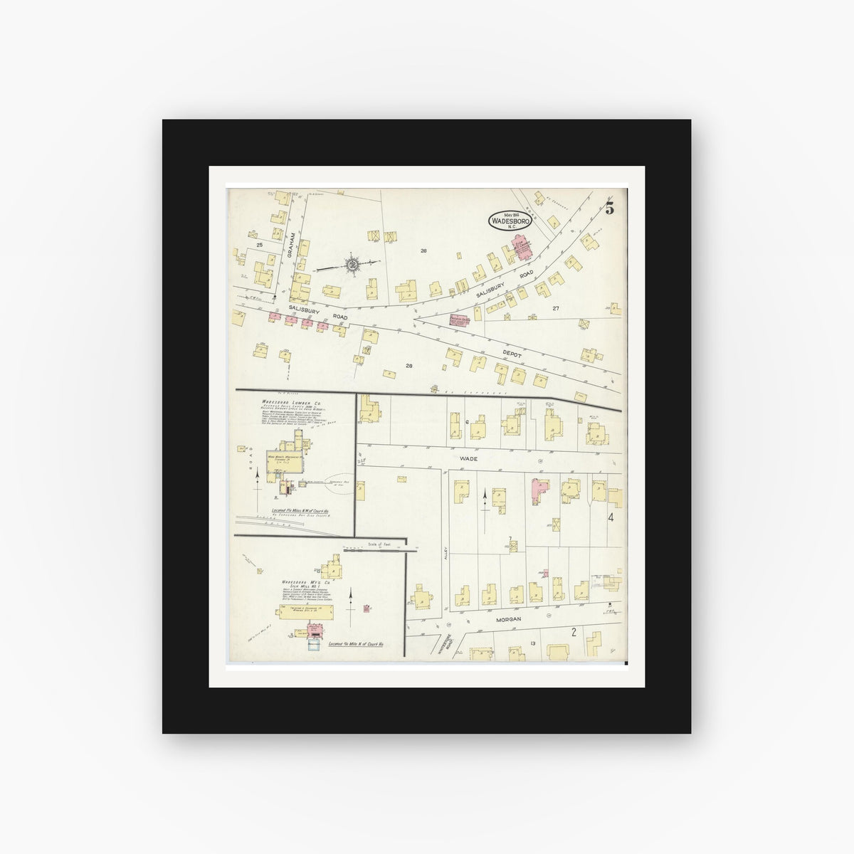 Old map wall art mockup — black gallery frame with white mat — Sanborn Fire Insurance Map from Wadesboro, Anson County, North Carolina (1914), Sheet #0005