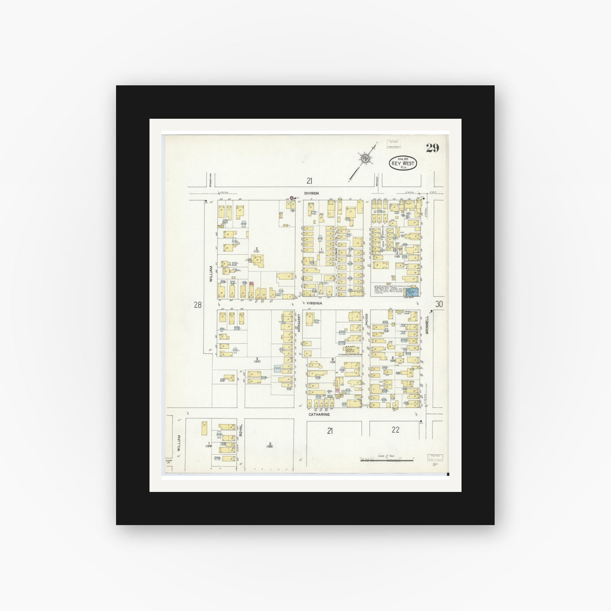 Old map wall art mockup — black gallery frame with white mat — Sanborn Fire Insurance Map from Key West, Monroe County, Florida (1912), Sheet #0029