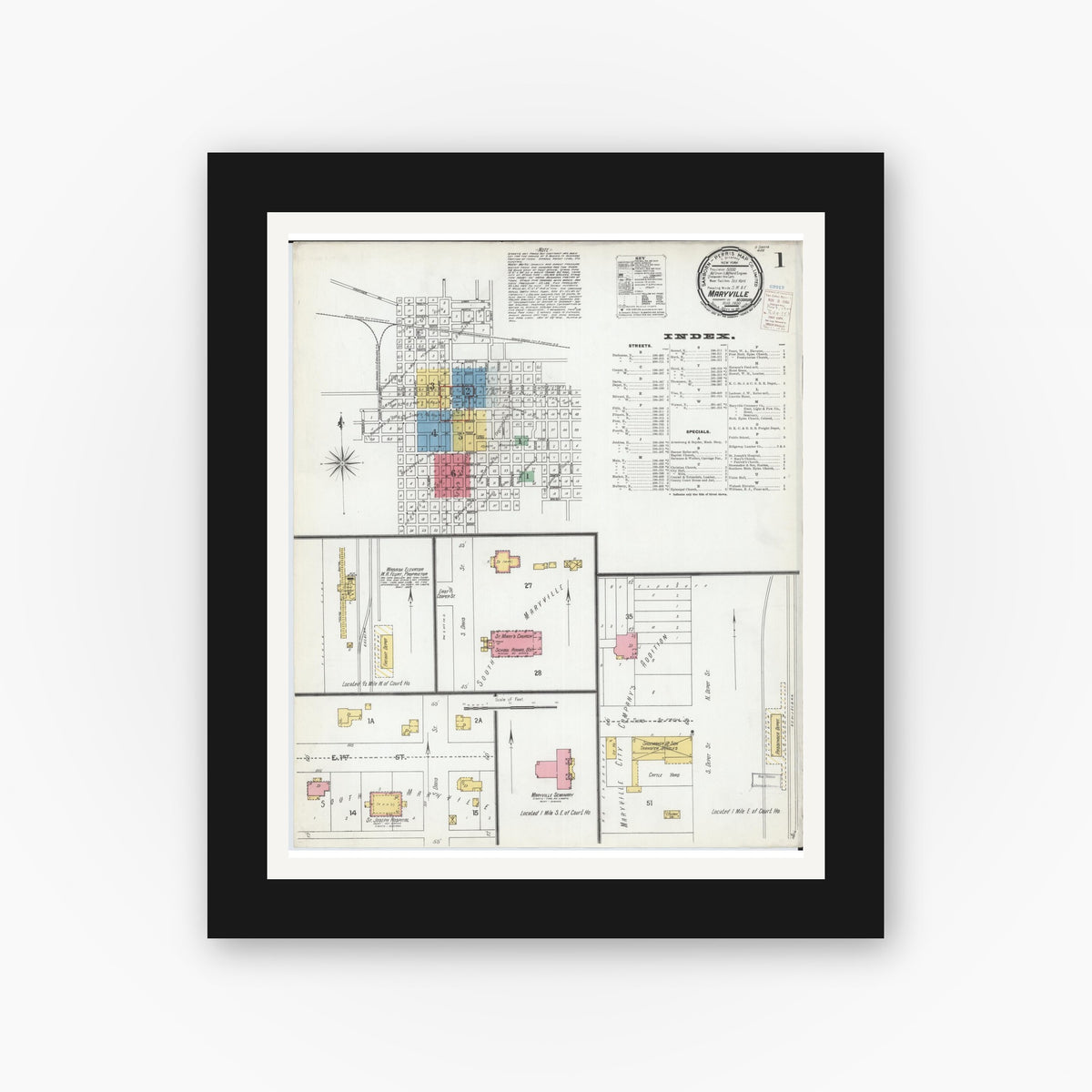 Old map wall art mockup — black gallery frame with white mat — Sanborn Fire Insurance Map from Maryville, Nodaway County, Missouri (1900) - Complete Map Set