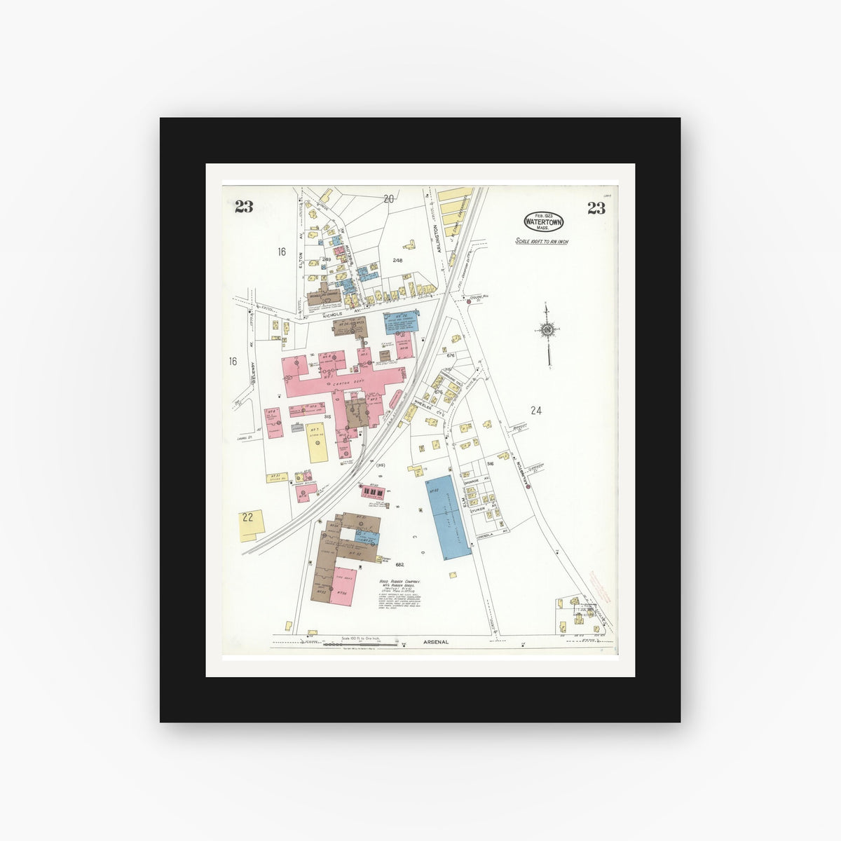 Old map wall art mockup — black gallery frame with white mat — Sanborn Fire Insurance Map from Watertown, Middlesex County, Massachusetts (1923), Sheet #0023
