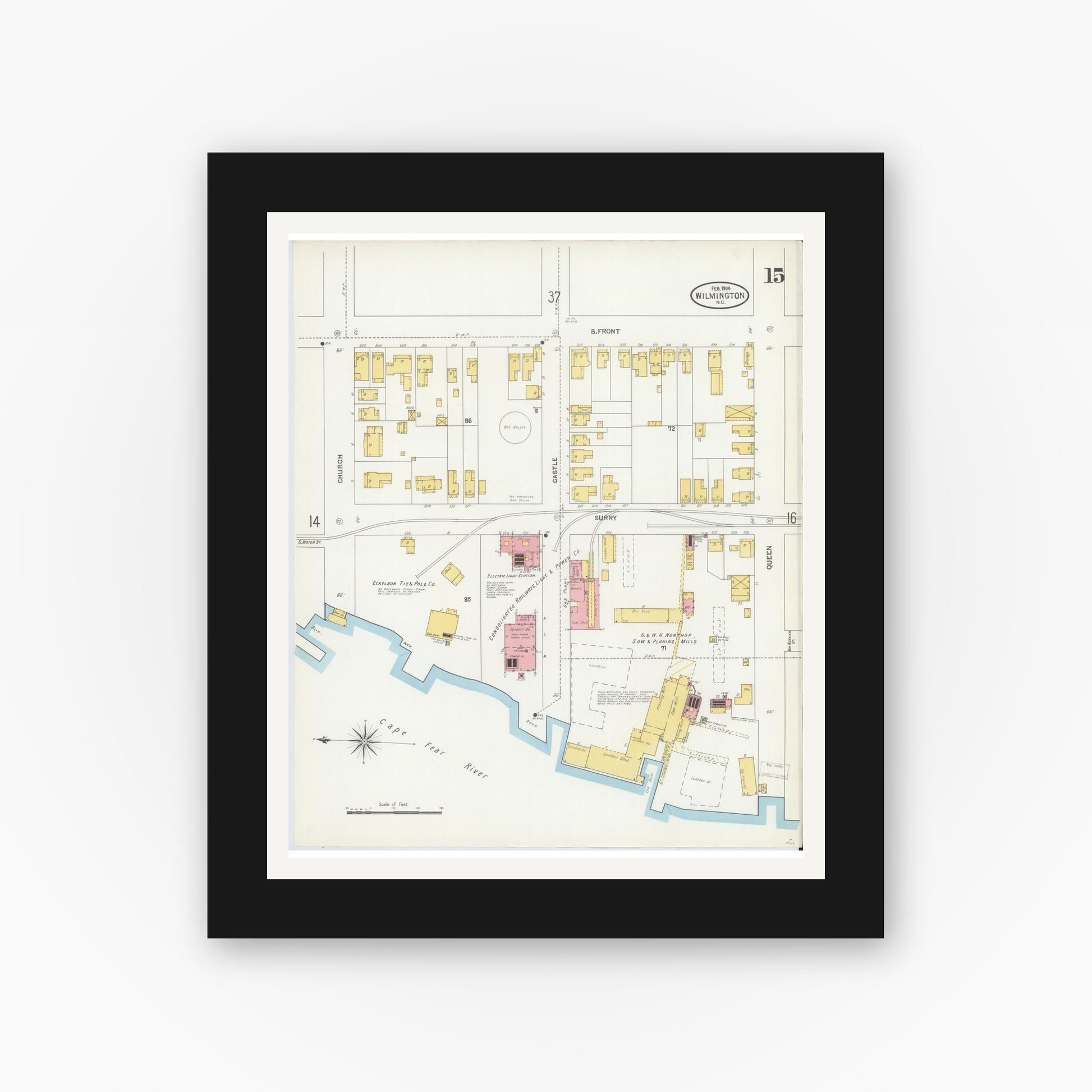 Old map wall art mockup — black gallery frame with white mat — Sanborn Fire Insurance Map from Wilmington, New Hanover County, North Carolina (1904), Sheet #0015