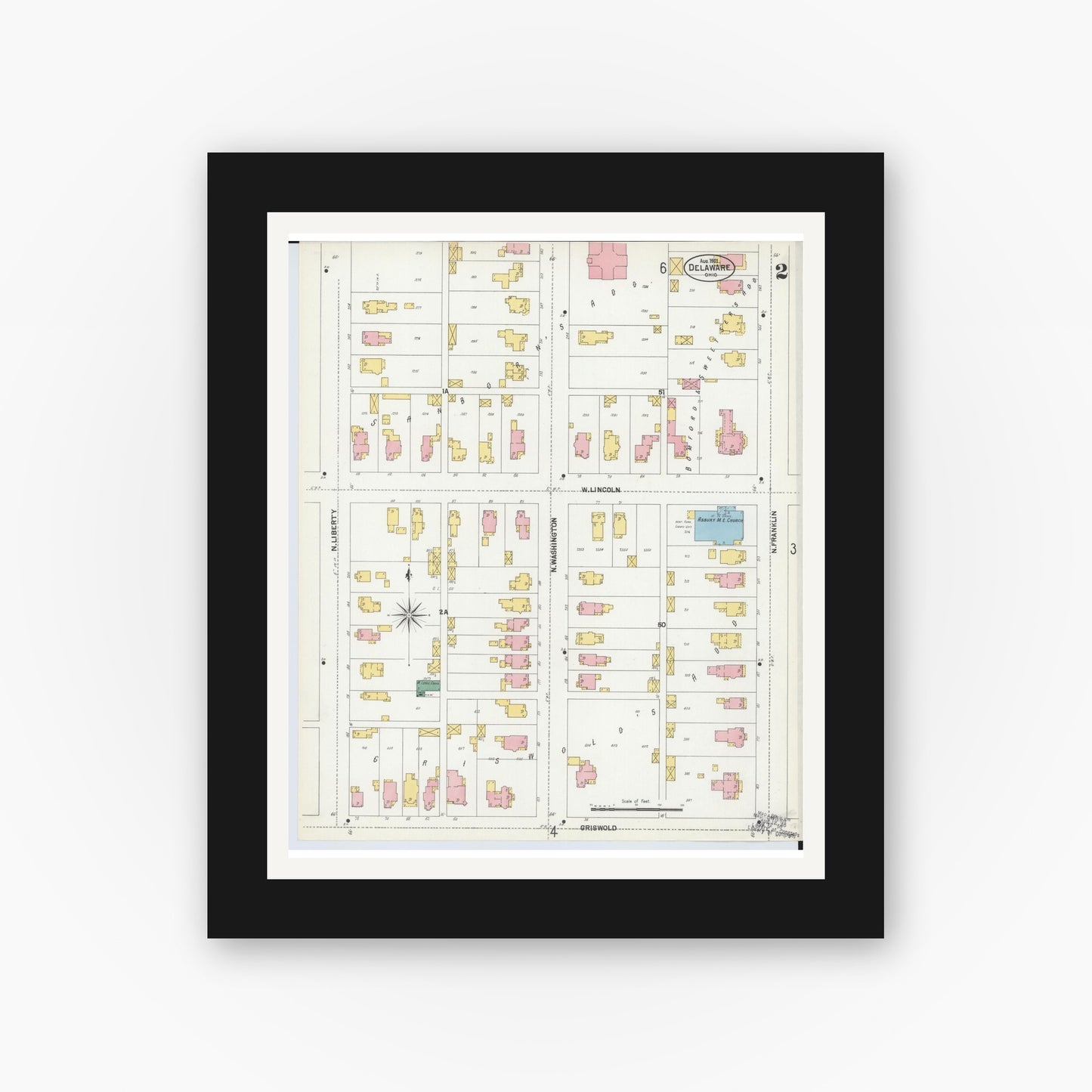 Old map wall art mockup — black gallery frame with white mat — Sanborn Fire Insurance Map from Delaware, Delaware County, Ohio (1901), Sheet #0002