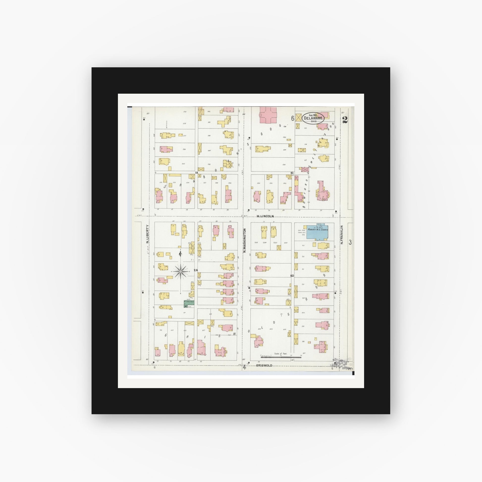 Old map wall art mockup — black gallery frame with white mat — Sanborn Fire Insurance Map from Delaware, Delaware County, Ohio (1901), Sheet #0002