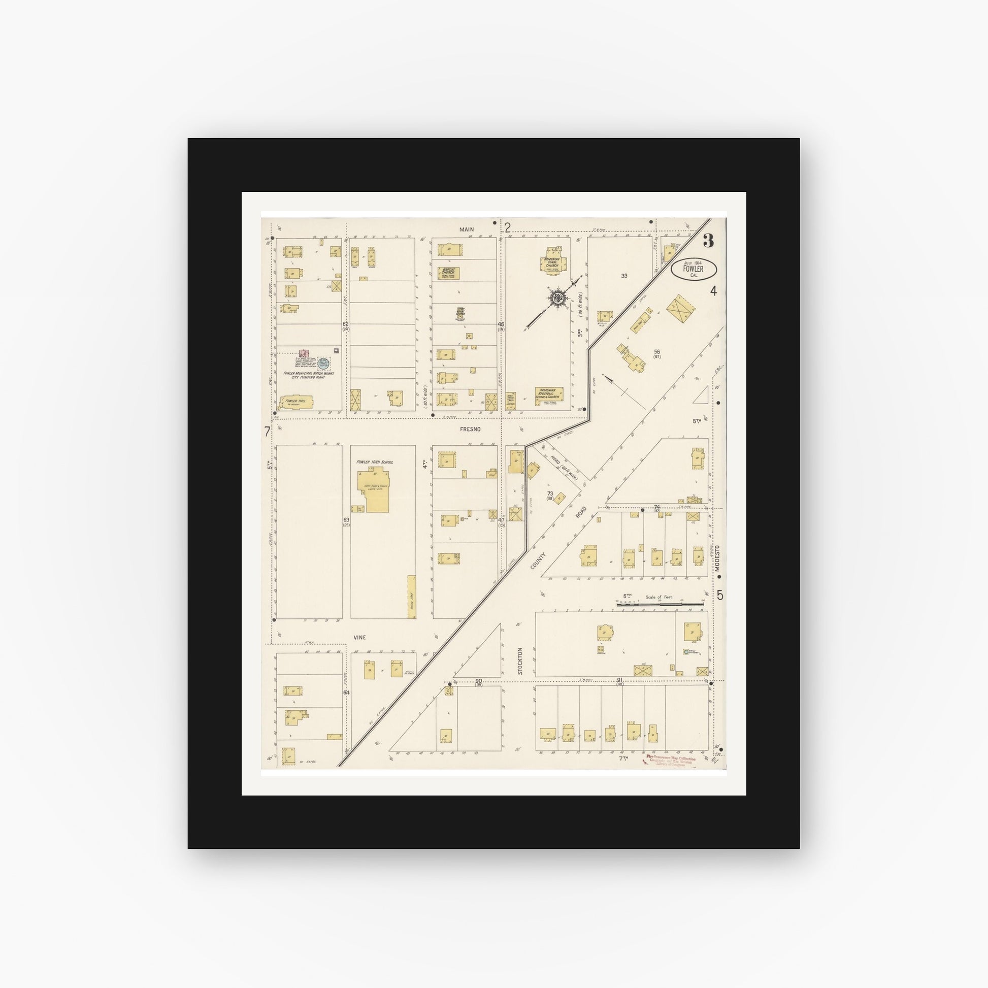 Old map wall art mockup — black gallery frame with white mat — Sanborn Fire Insurance Map from Fowler, Fresno County, California (1914), Sheet #0003