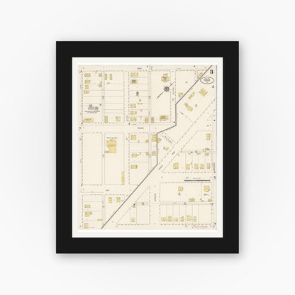 Old map wall art mockup — black gallery frame with white mat — Sanborn Fire Insurance Map from Fowler, Fresno County, California (1914), Sheet #0003