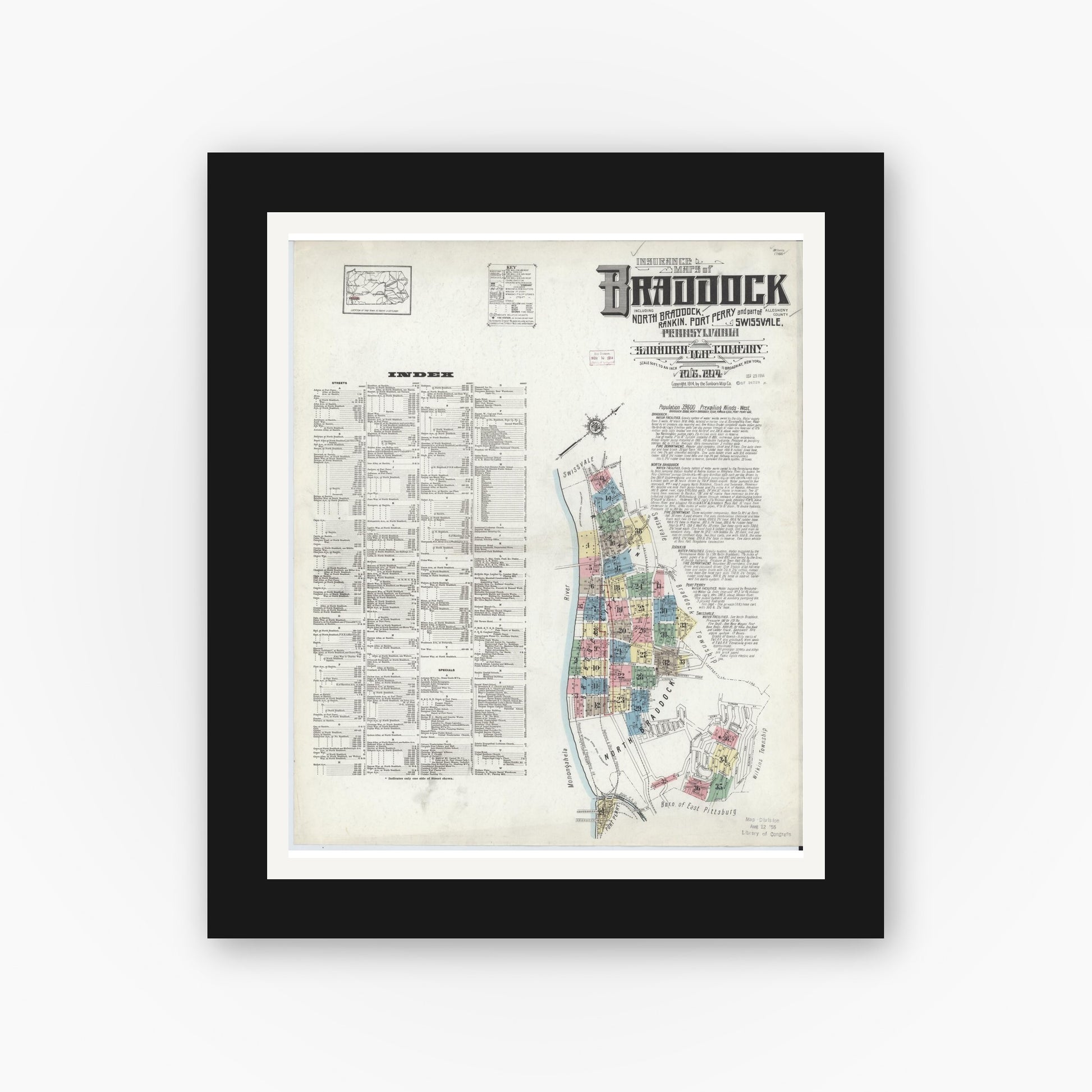 Old map wall art mockup — black gallery frame with white mat — Sanborn Fire Insurance Map from Braddock, Allegheny County, Pennsylvania (1914) - Complete Map Set