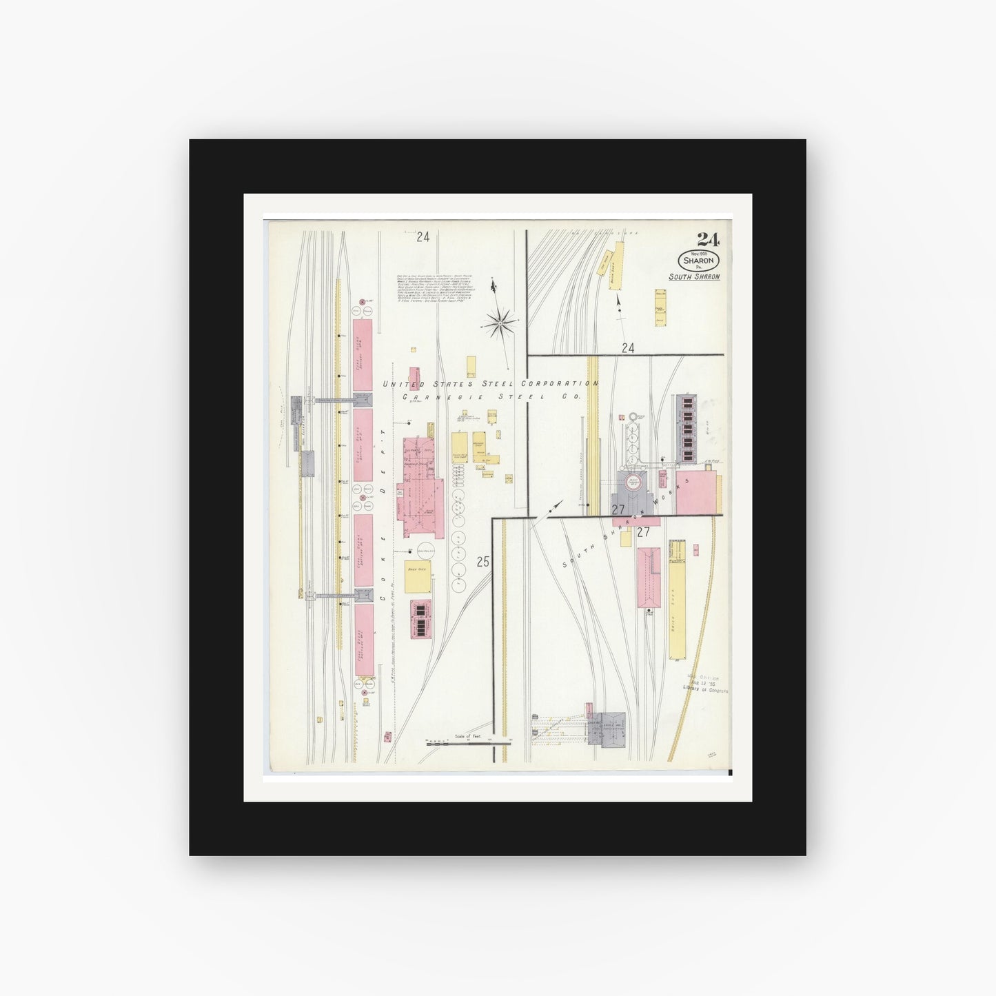Old map wall art mockup — black gallery frame with white mat — Sanborn Fire Insurance Map from Sharon, Mercer County, Pennsylvania (1908), Sheet #0024