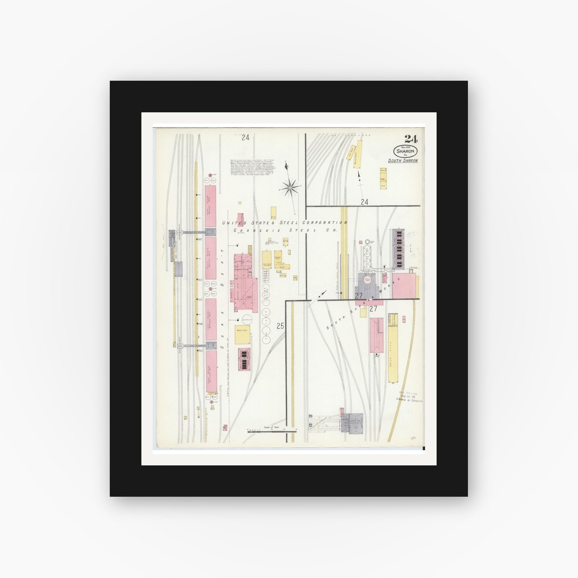 Old map wall art mockup — black gallery frame with white mat — Sanborn Fire Insurance Map from Sharon, Mercer County, Pennsylvania (1908), Sheet #0024