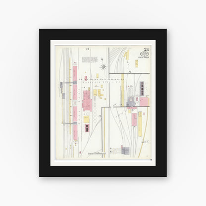 Old map wall art mockup — black gallery frame with white mat — Sanborn Fire Insurance Map from Sharon, Mercer County, Pennsylvania (1908), Sheet #0024