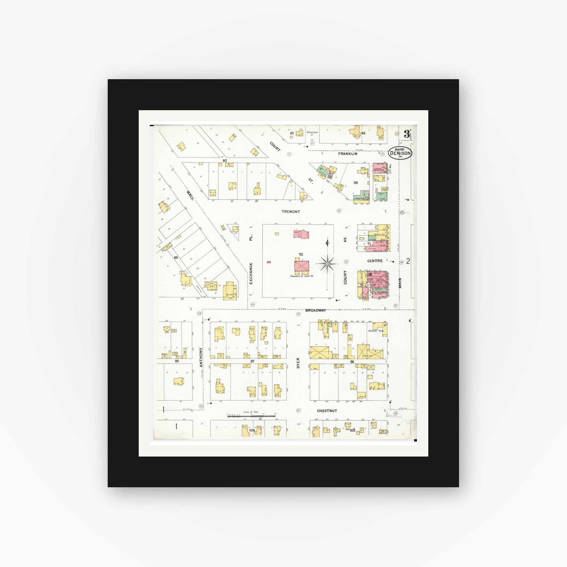 Old map wall art mockup — black gallery frame with white mat — Sanborn Fire Insurance Map from Denison, Crawford County, Iowa (1899), Sheet #0003