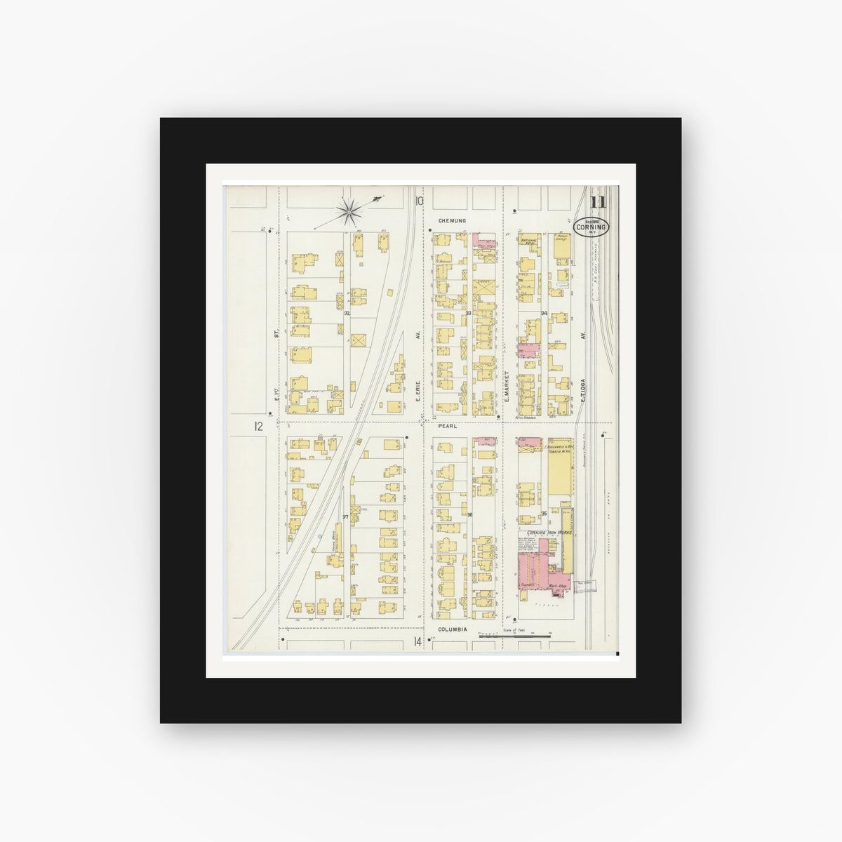 Old map wall art mockup — black gallery frame with white mat — Sanborn Fire Insurance Map from Corning, Steuben County, New York (1898), Sheet #0011