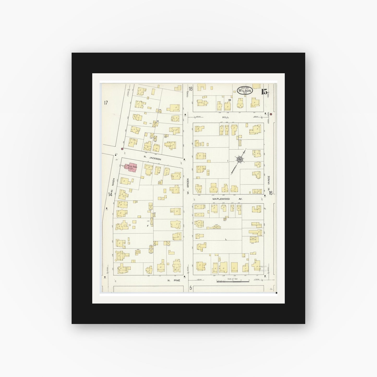 Old map wall art mockup — black gallery frame with white mat — Sanborn Fire Insurance Map from Wilson, Wilson County, North Carolina (1913), Sheet #0015