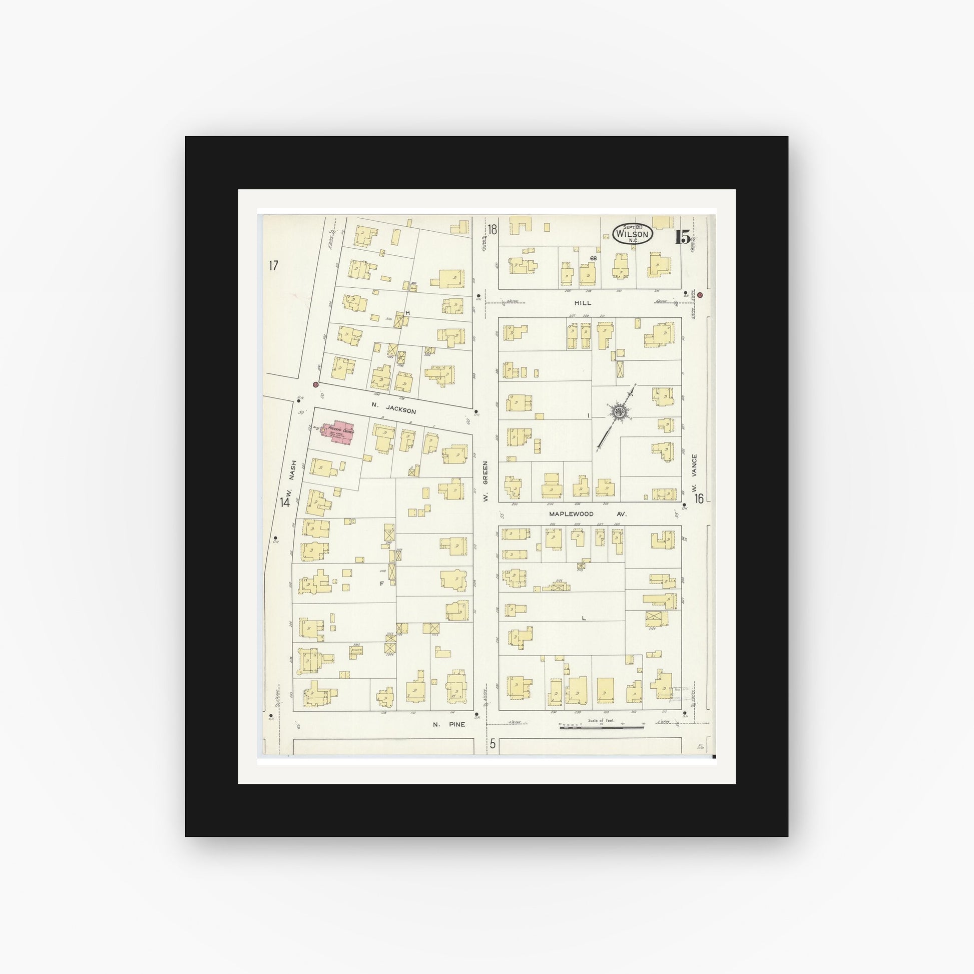 Old map wall art mockup — black gallery frame with white mat — Sanborn Fire Insurance Map from Wilson, Wilson County, North Carolina (1913), Sheet #0015