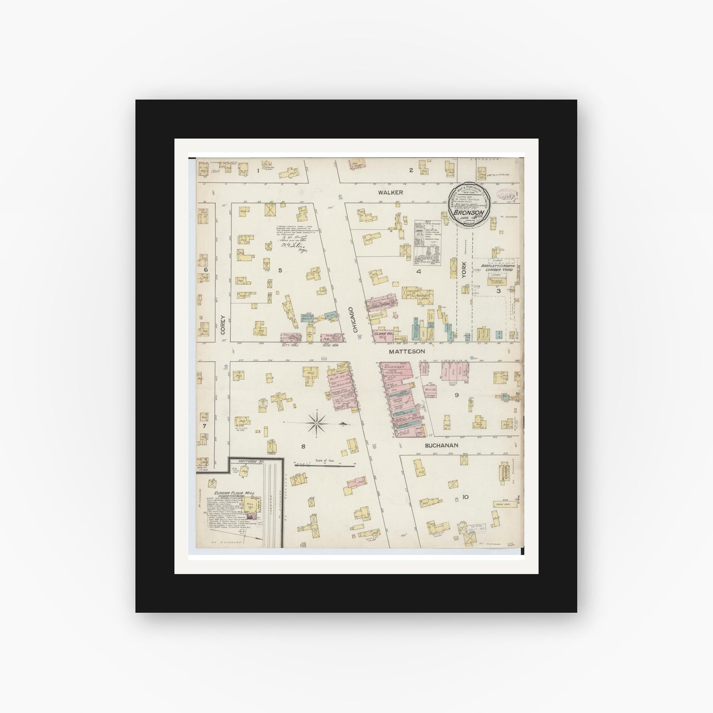 Old map wall art mockup — black gallery frame with white mat — Sanborn Fire Insurance Map from Bronson, Branch County, Michigan (1887), Sheet #0001