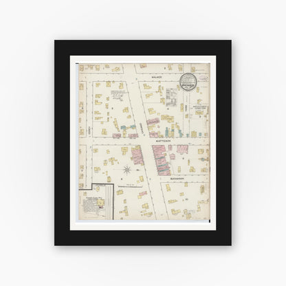 Old map wall art mockup — black gallery frame with white mat — Sanborn Fire Insurance Map from Bronson, Branch County, Michigan (1887), Sheet #0001