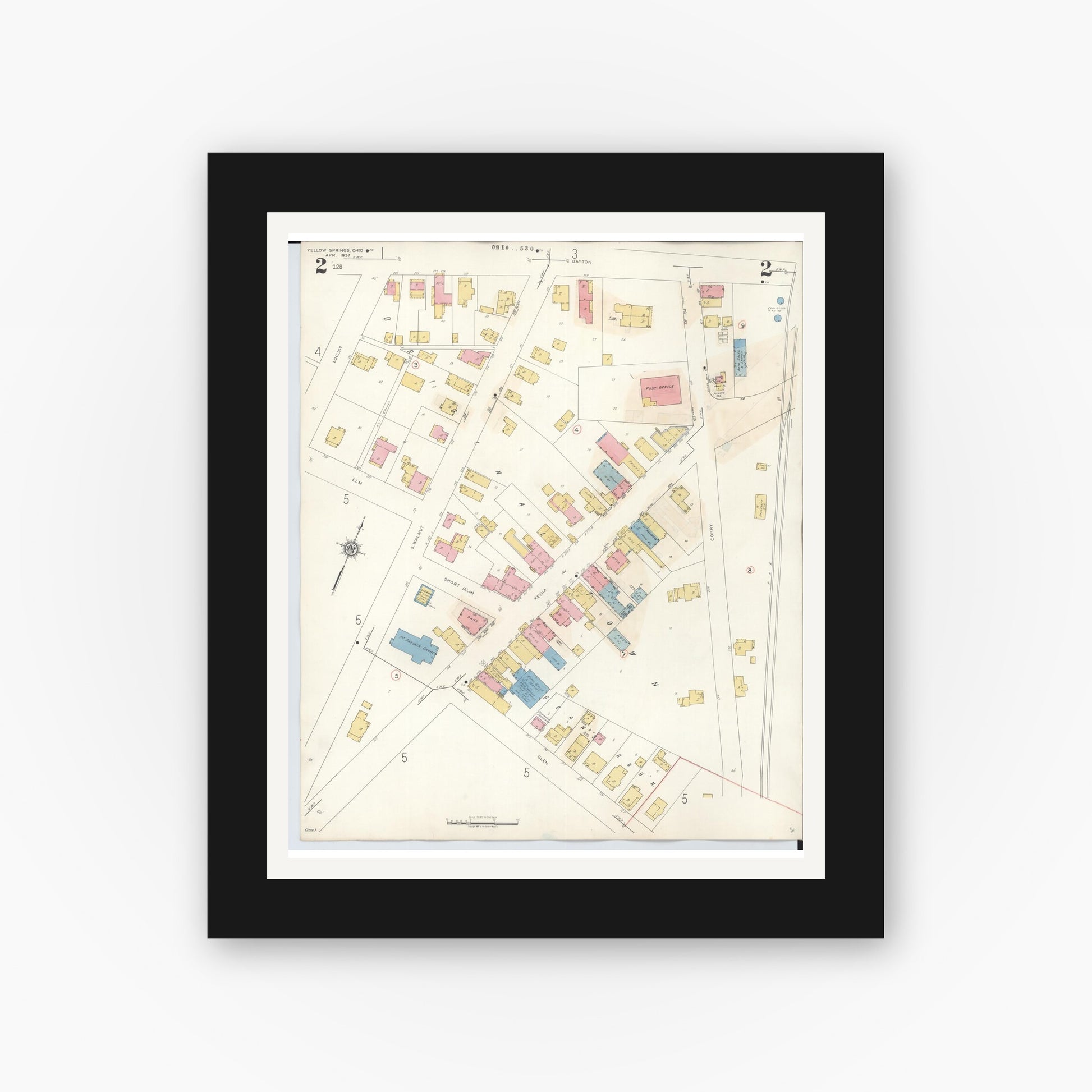 Old map wall art mockup — black gallery frame with white mat — Sanborn Fire Insurance Map from Yellow Springs, Greene County, Ohio (1945), Sheet #0002