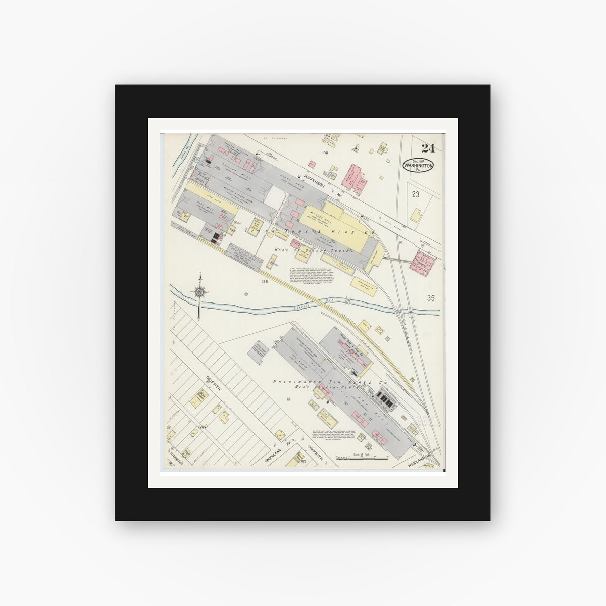 Old map wall art mockup — black gallery frame with white mat — Sanborn Fire Insurance Map from Washington, Washington County, Pennsylvania (1914), Sheet #0024