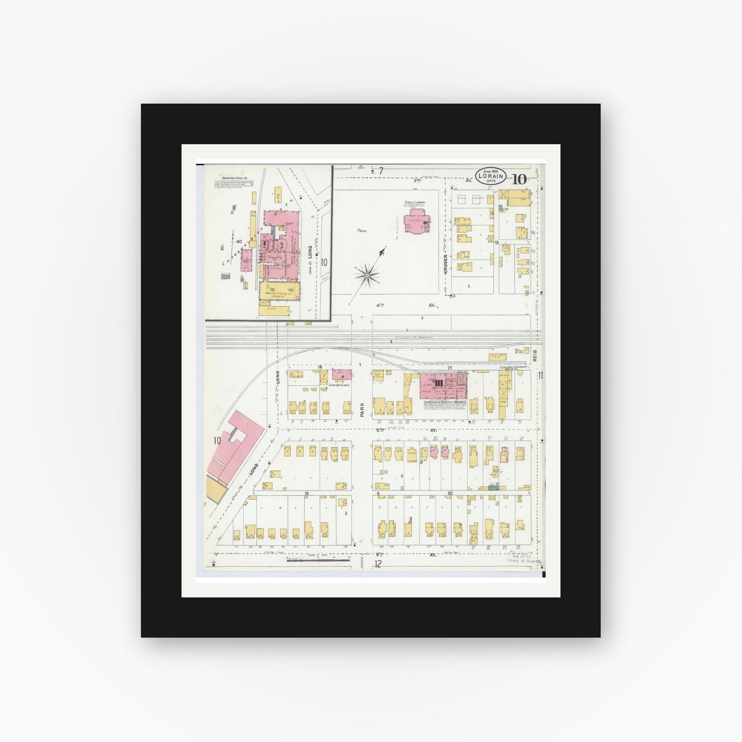 Old map wall art mockup — black gallery frame with white mat — Sanborn Fire Insurance Map from Lorain, Lorain County, Ohio (1905), Sheet #0010