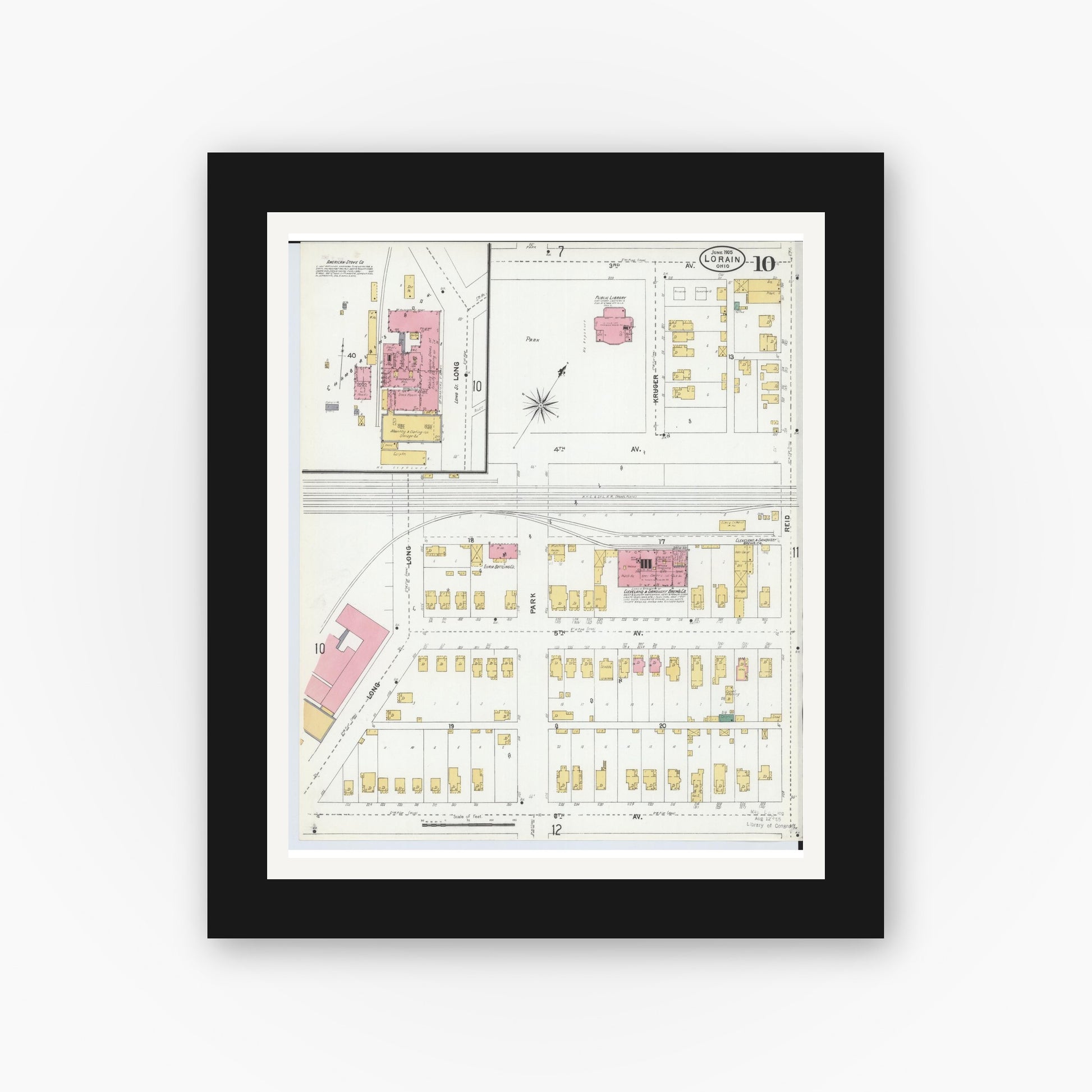 Old map wall art mockup — black gallery frame with white mat — Sanborn Fire Insurance Map from Lorain, Lorain County, Ohio (1905), Sheet #0010