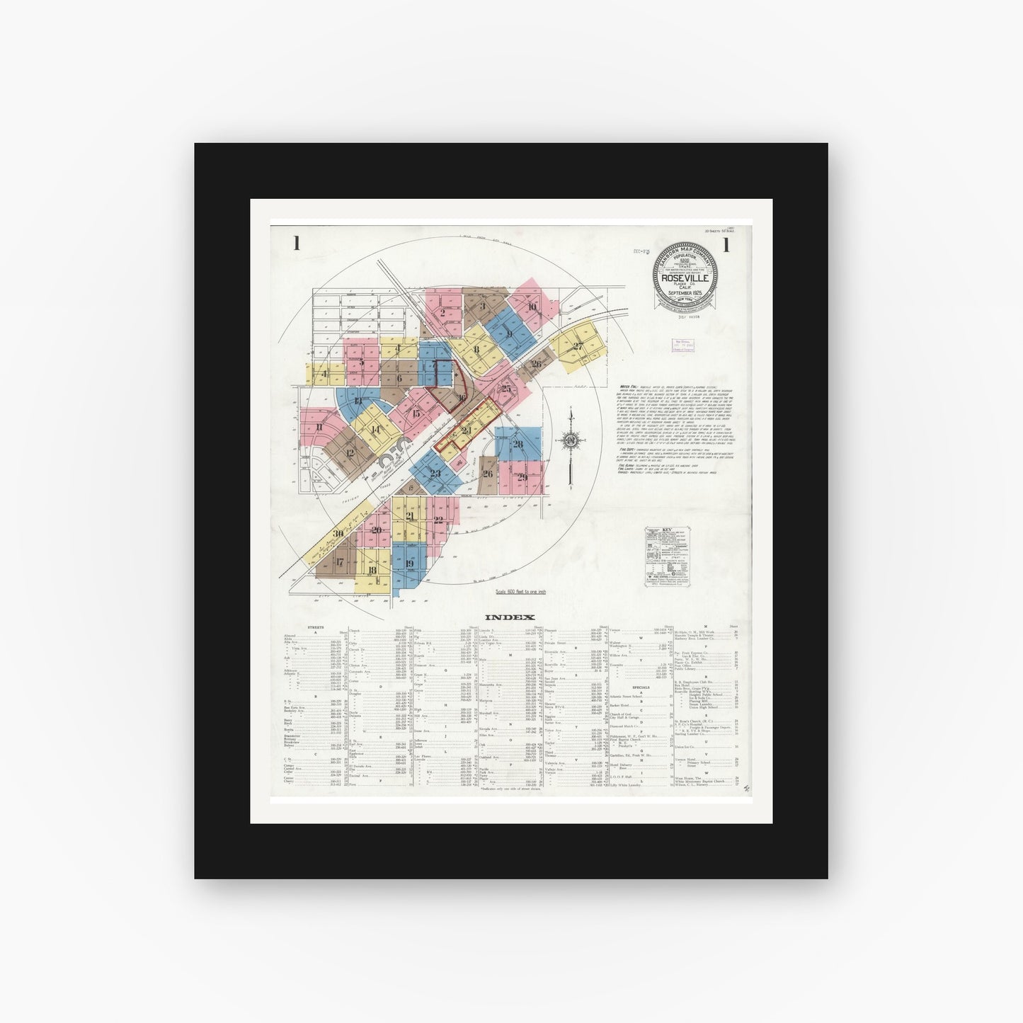 Old map wall art mockup — black gallery frame with white mat — Sanborn Fire Insurance Map from Roseville, Placer County, California (1925) - Complete Map Set