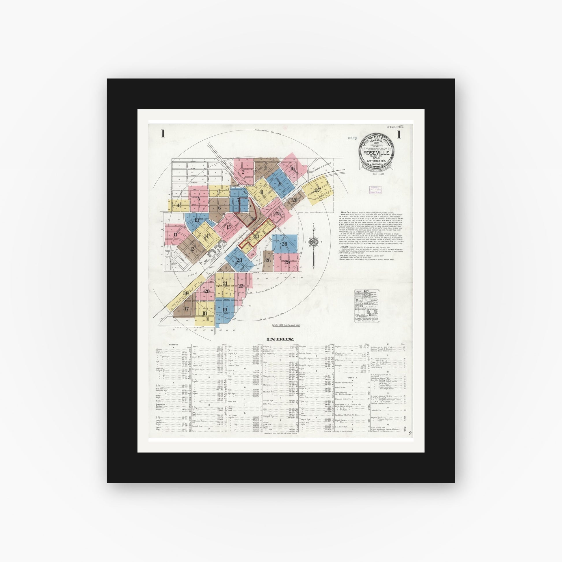 Old map wall art mockup — black gallery frame with white mat — Sanborn Fire Insurance Map from Roseville, Placer County, California (1925) - Complete Map Set