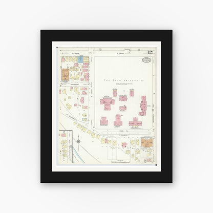 Old map wall art mockup — black gallery frame with white mat — Sanborn Fire Insurance Map from Athens, Athens County, Ohio (1914), Sheet #0012
