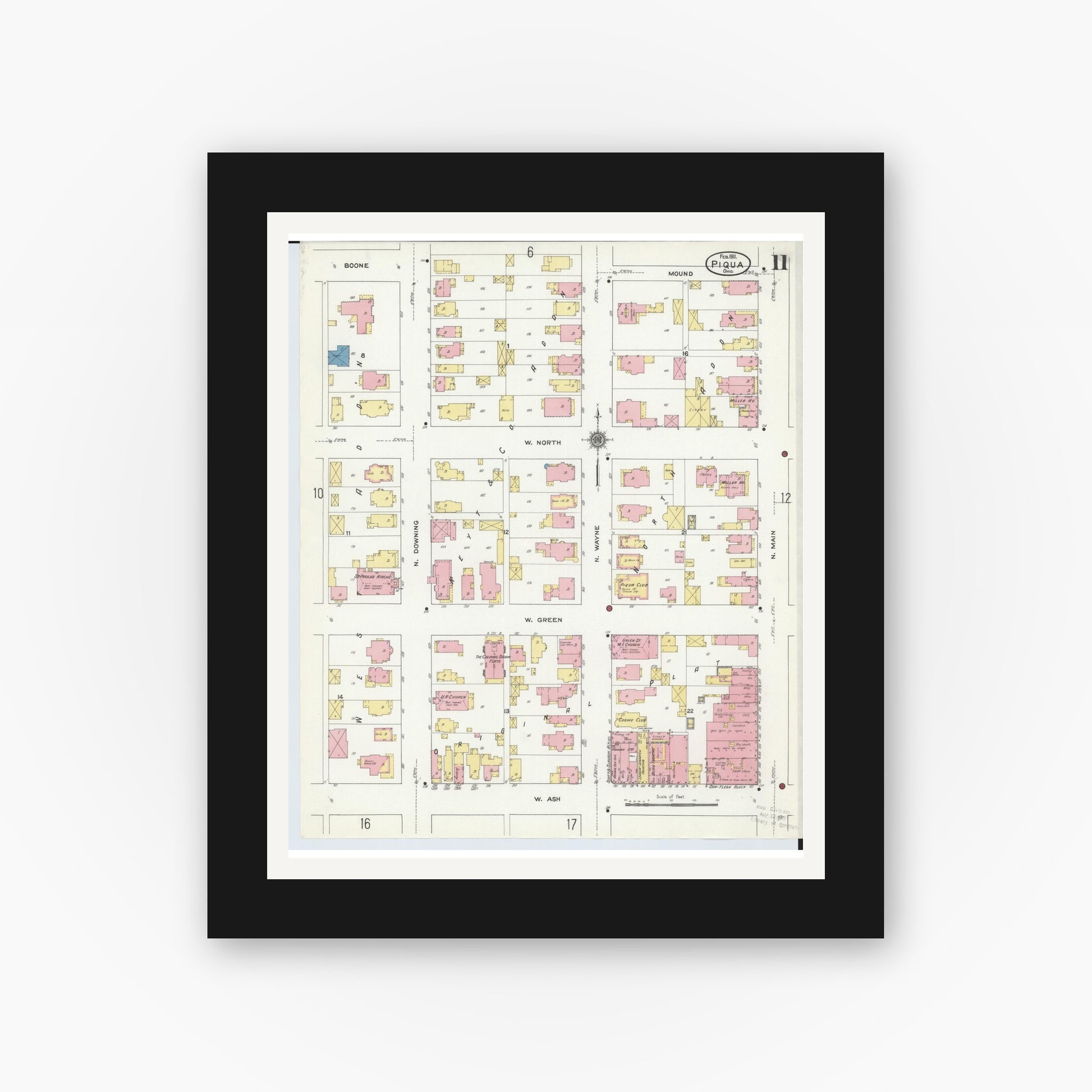 Old map wall art mockup — black gallery frame with white mat — Sanborn Fire Insurance Map from Piqua, Miami County, Ohio (1911), Sheet #0011