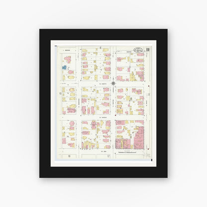 Old map wall art mockup — black gallery frame with white mat — Sanborn Fire Insurance Map from Piqua, Miami County, Ohio (1911), Sheet #0011