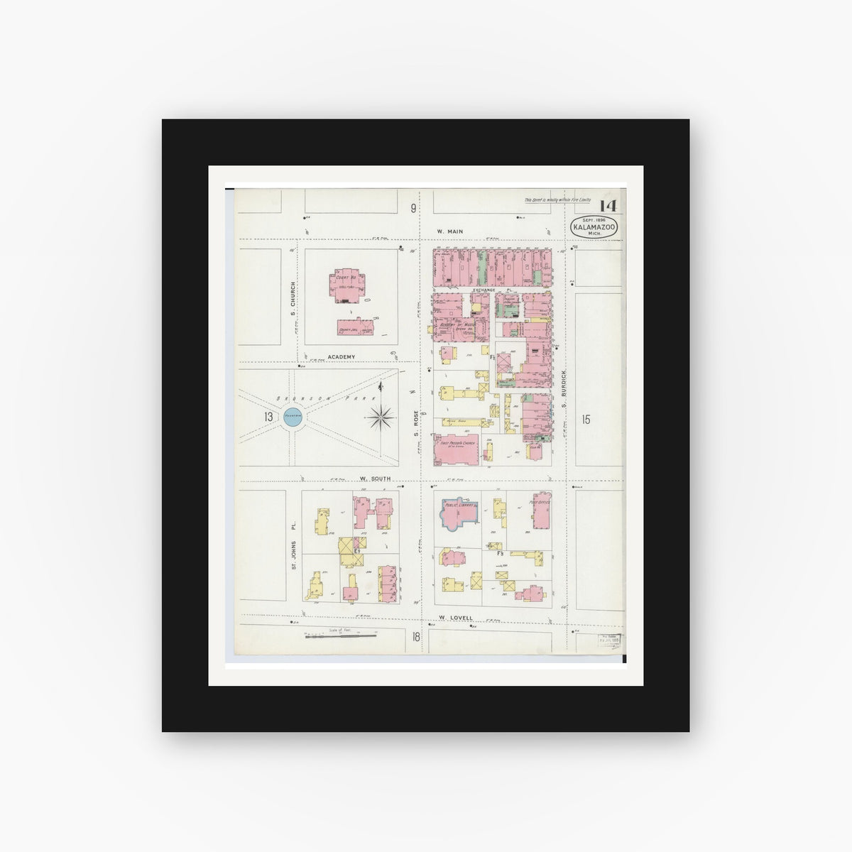 Old map wall art mockup — black gallery frame with white mat — Sanborn Fire Insurance Map from Kalamazoo, Kalamazoo County, Michigan (1896), Sheet #0014
