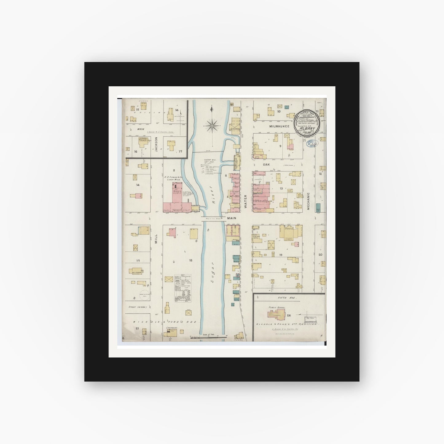 Old map wall art mockup — black gallery frame with white mat — Sanborn Fire Insurance Map from Albany, Green County, Wisconsin (1894), Sheet #0001