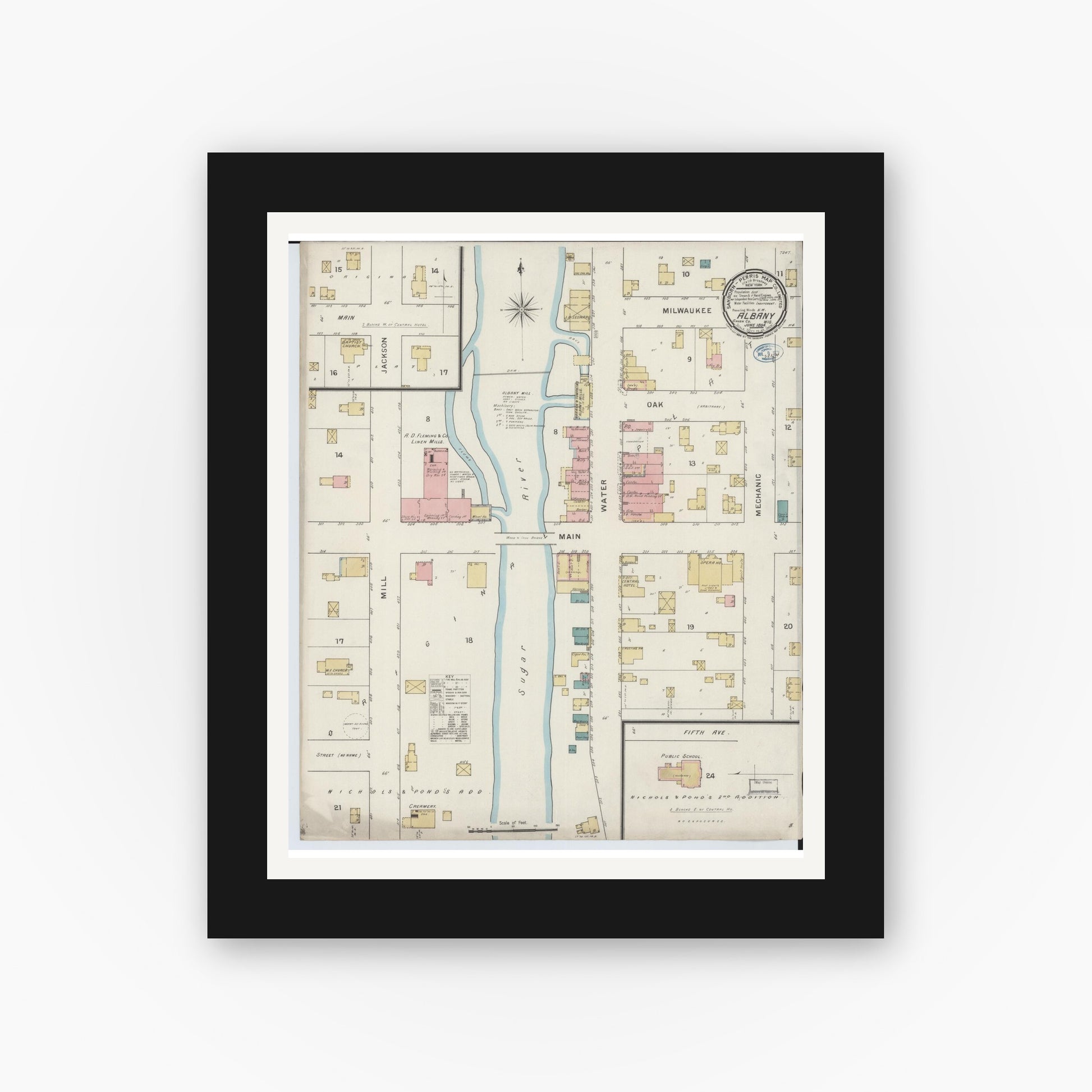 Old map wall art mockup — black gallery frame with white mat — Sanborn Fire Insurance Map from Albany, Green County, Wisconsin (1894), Sheet #0001