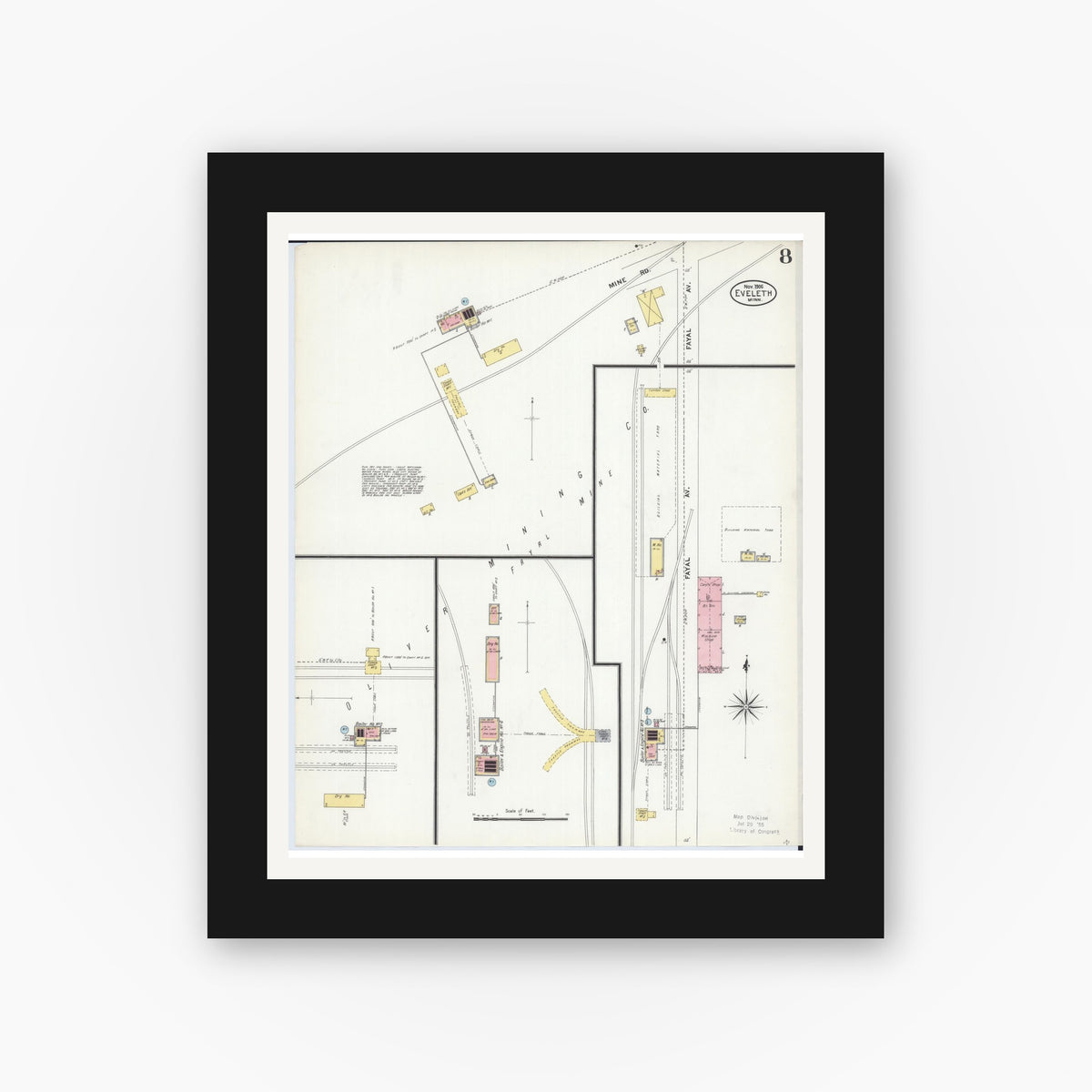 Old map wall art mockup — black gallery frame with white mat — Sanborn Fire Insurance Map from Eveleth, Saint Louis County, Minnesota (1906), Sheet #0008