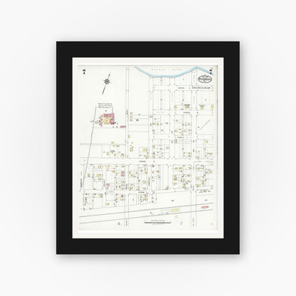 Old map wall art mockup — black gallery frame with white mat — Sanborn Fire Insurance Map from Rosenberg, Fort Bend County, Texas (1926), Sheet #0007