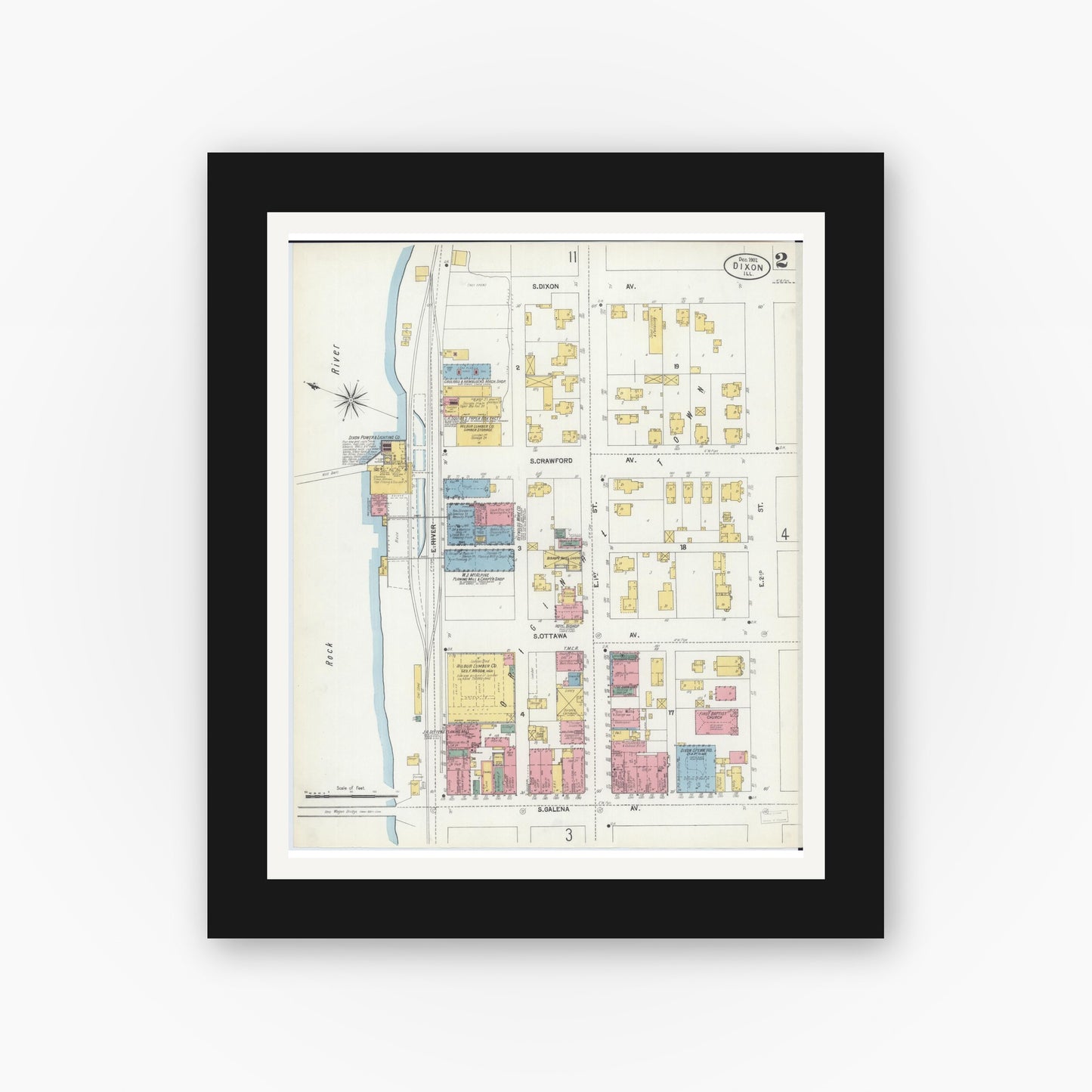 Old map wall art mockup — black gallery frame with white mat — Sanborn Fire Insurance Map from Dixon, Lee County, Illinois (1902), Sheet #0002