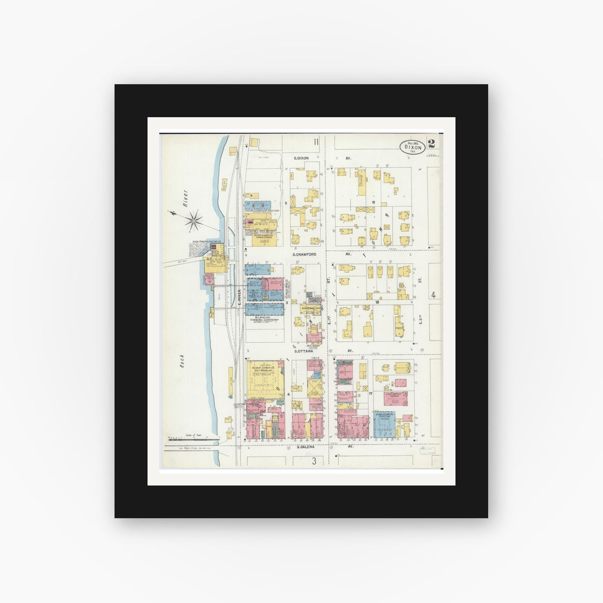 Old map wall art mockup — black gallery frame with white mat — Sanborn Fire Insurance Map from Dixon, Lee County, Illinois (1902), Sheet #0002