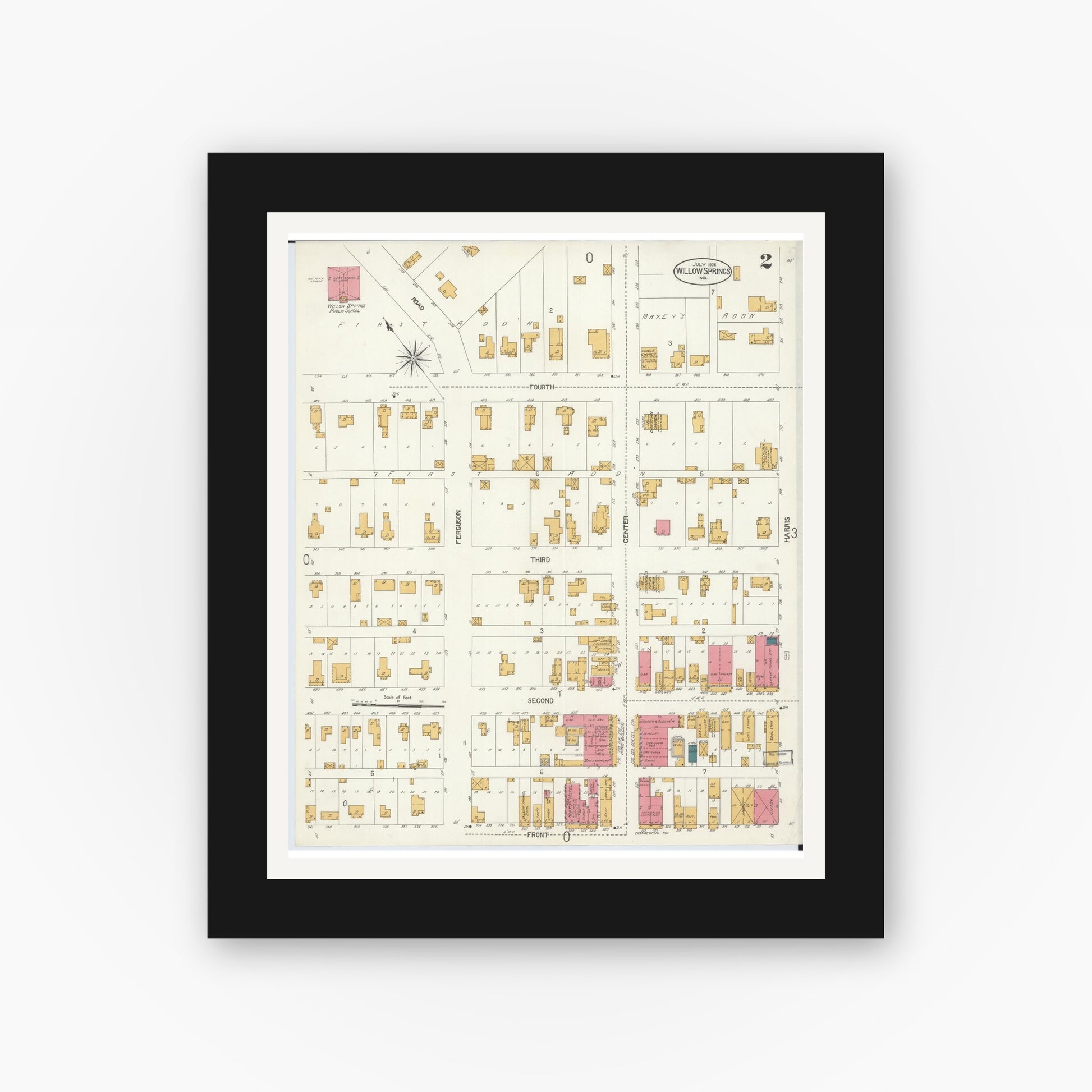 Old map wall art mockup — black gallery frame with white mat — Sanborn Fire Insurance Map from Willow Springs, Howell County, Missouri (1906), Sheet #0002