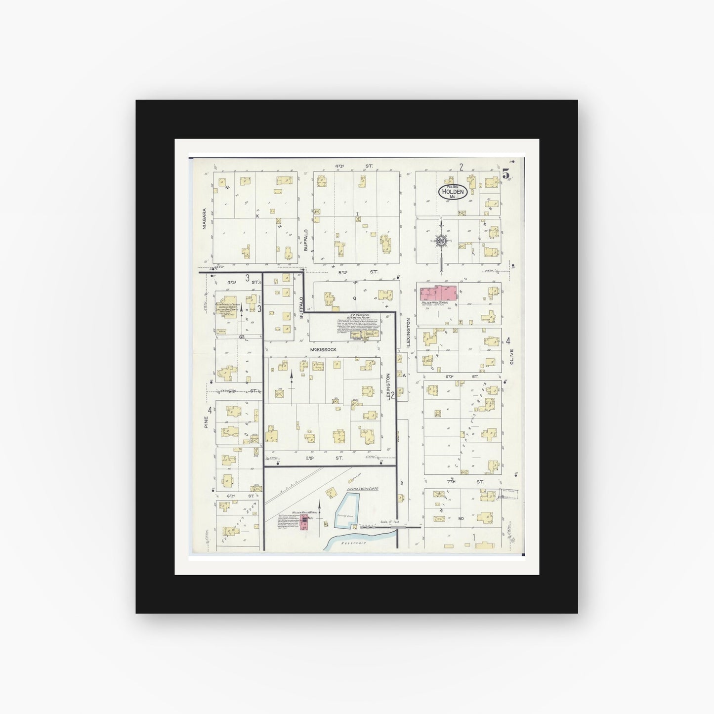 Old map wall art mockup — black gallery frame with white mat — Sanborn Fire Insurance Map from Holden, Johnson County, Missouri (1914), Sheet #0005