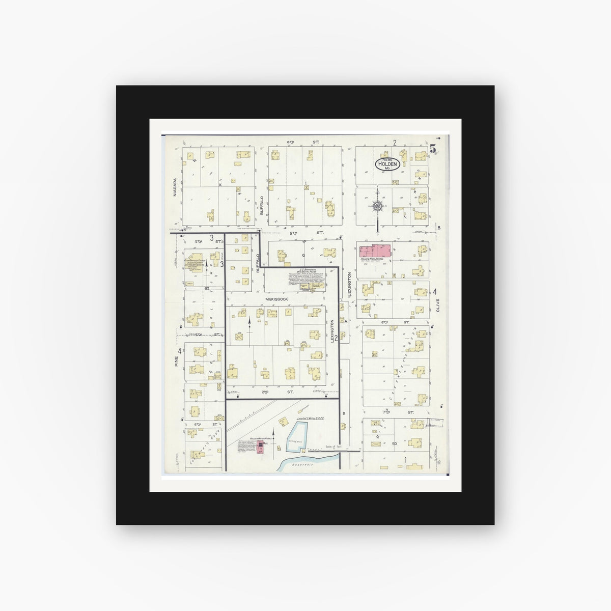 Old map wall art mockup — black gallery frame with white mat — Sanborn Fire Insurance Map from Holden, Johnson County, Missouri (1914), Sheet #0005
