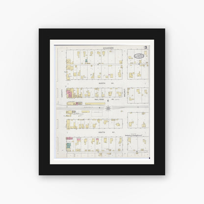 Old map wall art mockup — black gallery frame with white mat — Sanborn Fire Insurance Map from Sumner, Lawrence County, Illinois (1894), Sheet #0003