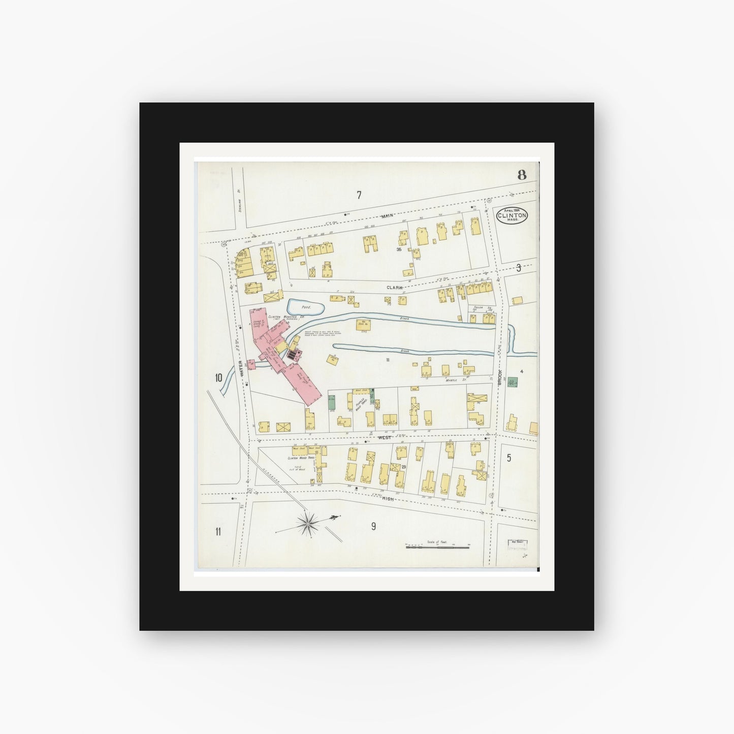 Old map wall art mockup — black gallery frame with white mat — Sanborn Fire Insurance Map from Clinton, Worcester County, Massachusetts (1904), Sheet #0008