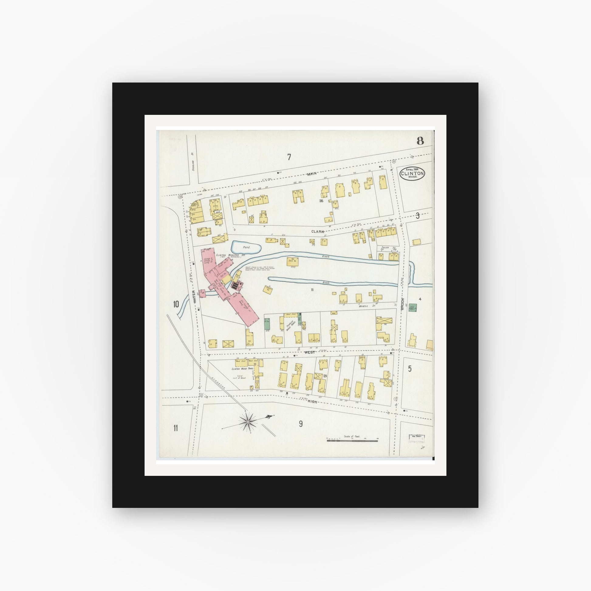 Old map wall art mockup — black gallery frame with white mat — Sanborn Fire Insurance Map from Clinton, Worcester County, Massachusetts (1904), Sheet #0008