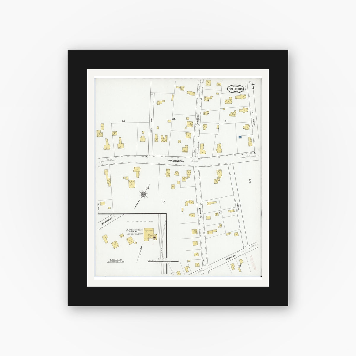 Old map wall art mockup — black gallery frame with white mat — Sanborn Fire Insurance Map from Holliston, Middlesex County, Massachusetts (1919), Sheet #0007