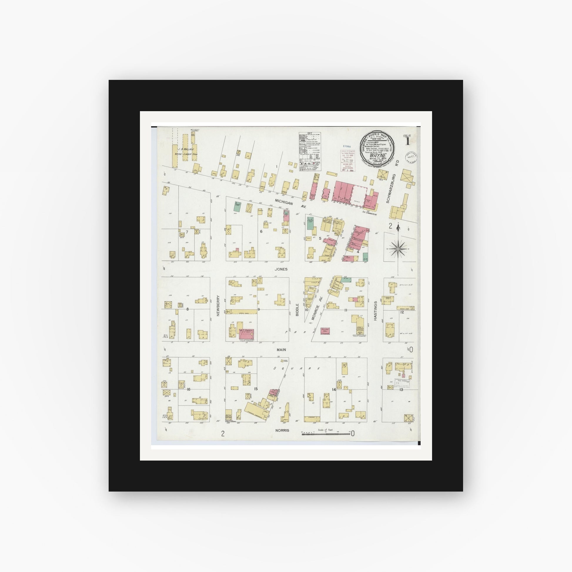 Old map wall art mockup — black gallery frame with white mat — Sanborn Fire Insurance Map from Wayne, Wayne County, Michigan (1900), Sheet #0001