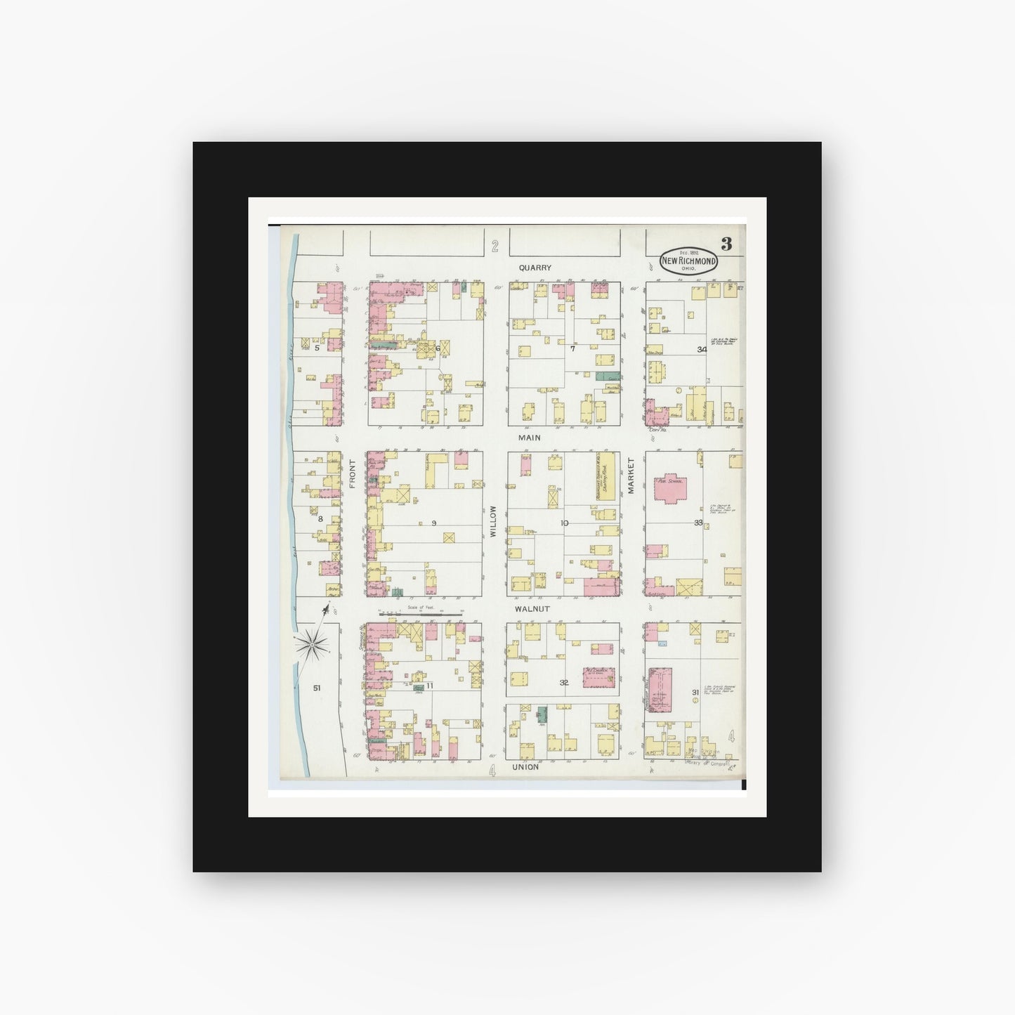 Old map wall art mockup — black gallery frame with white mat — Sanborn Fire Insurance Map from New Richmond, Clermont County, Ohio (1892), Sheet #0003