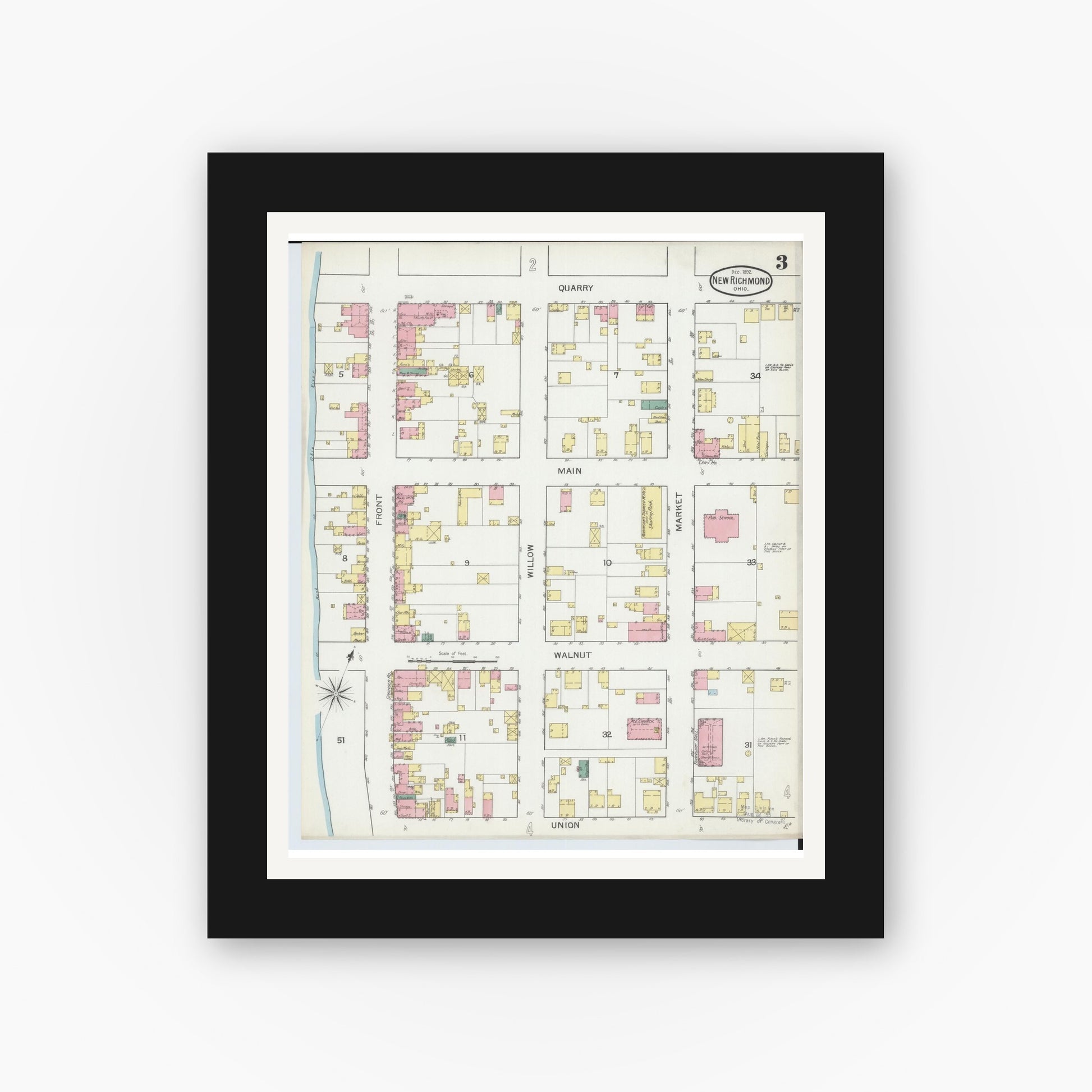 Old map wall art mockup — black gallery frame with white mat — Sanborn Fire Insurance Map from New Richmond, Clermont County, Ohio (1892), Sheet #0003