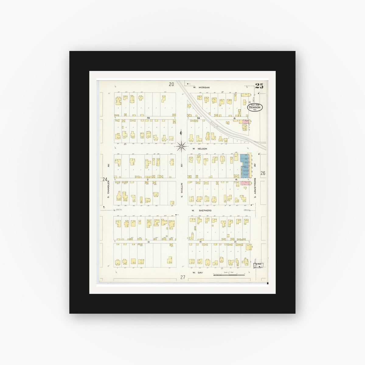 Old map wall art mockup — black gallery frame with white mat — Sanborn Fire Insurance Map from Denison, Grayson County, Texas (1908), Sheet #0025